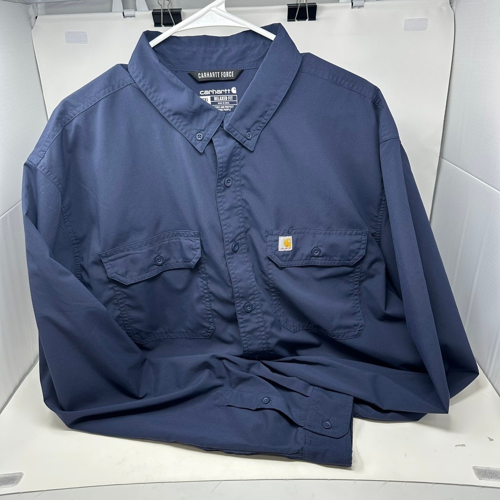 Carhartt Shirt Men 2XL Tall Navy Blue Force Relaxed Fit TW5291-M Long Sleeve